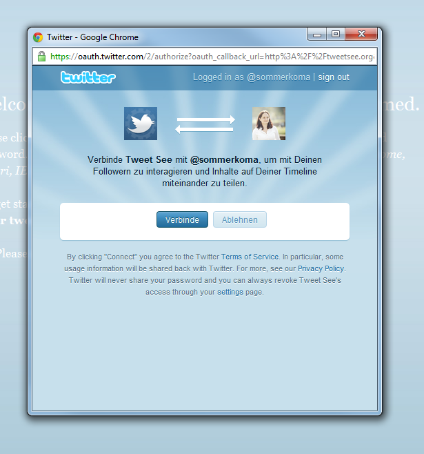 Tweetsee mit Twitter-Account verbinden
