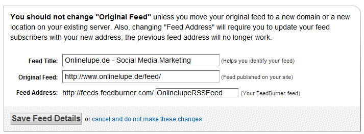 Feedburner - Feed einstellen